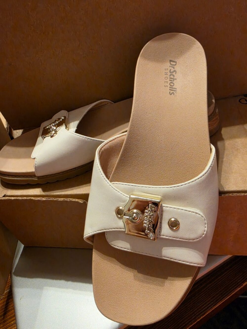 Dr. Scholl’s Cream Gold Buckle Platform Slide Sandals Women’s 8.5